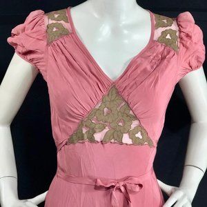 BETSEY JOHNSON dress. Pink puffed short sleeve 40 style dress. Sheer lace front
